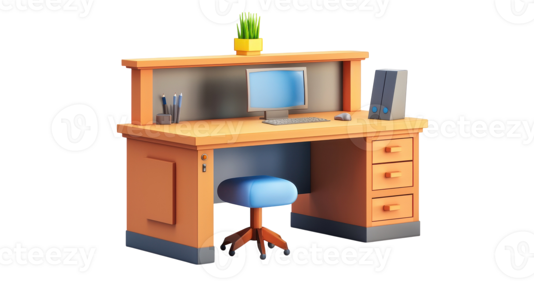 Computer desk with a chair and a plant png