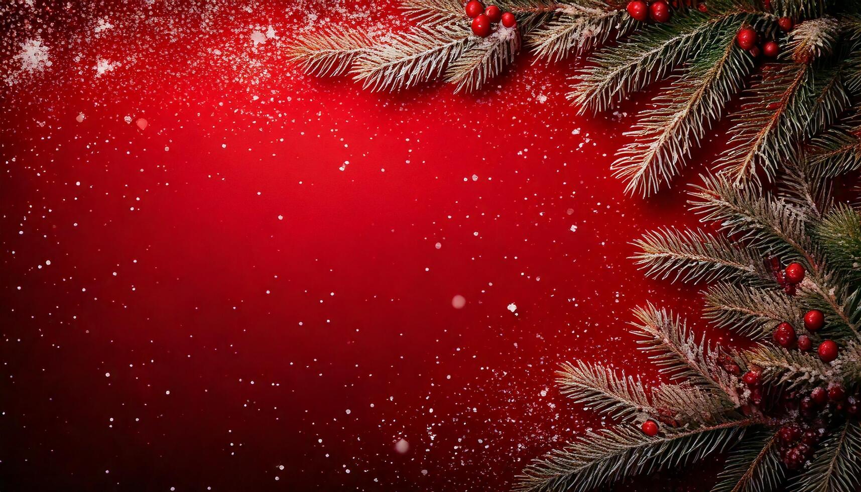 Red Christmas background with Christmas tree branches. Background with snowflakes. photo