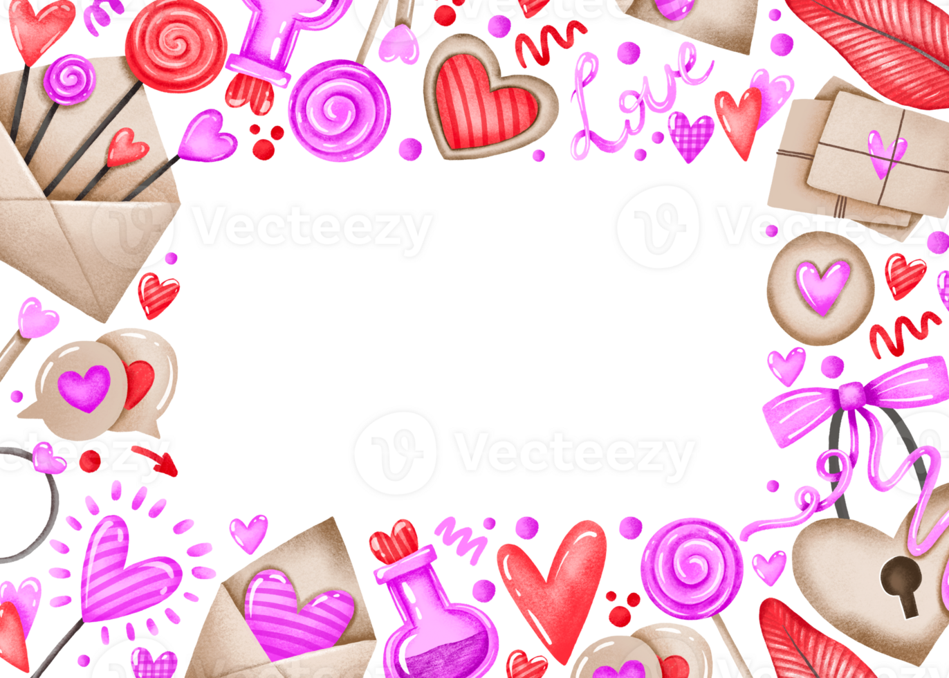 Horizontal border frame for st Valentines day. Love card. Invitation for 14 february. Relationship. Hand drawn cartoon illustration png