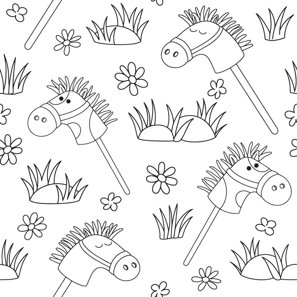 Hobby horsing seamless pattern. Cute print with toy horse. Coloring book vector