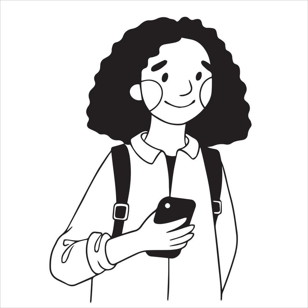 character girl student with a phone in her hand. line doodle illustration vector