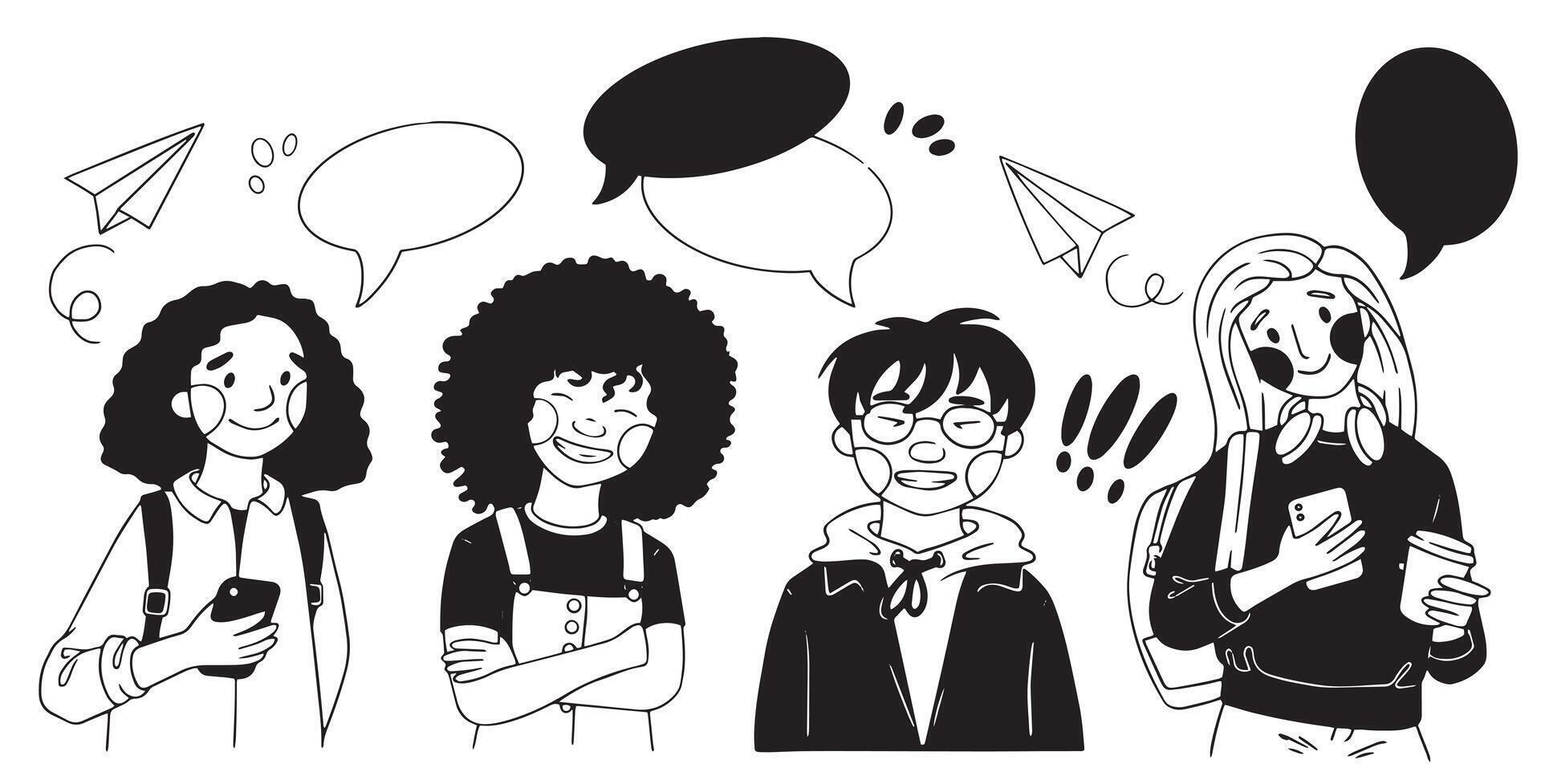 set of student characters of different genders and nationalities. line doodle style illustration vector