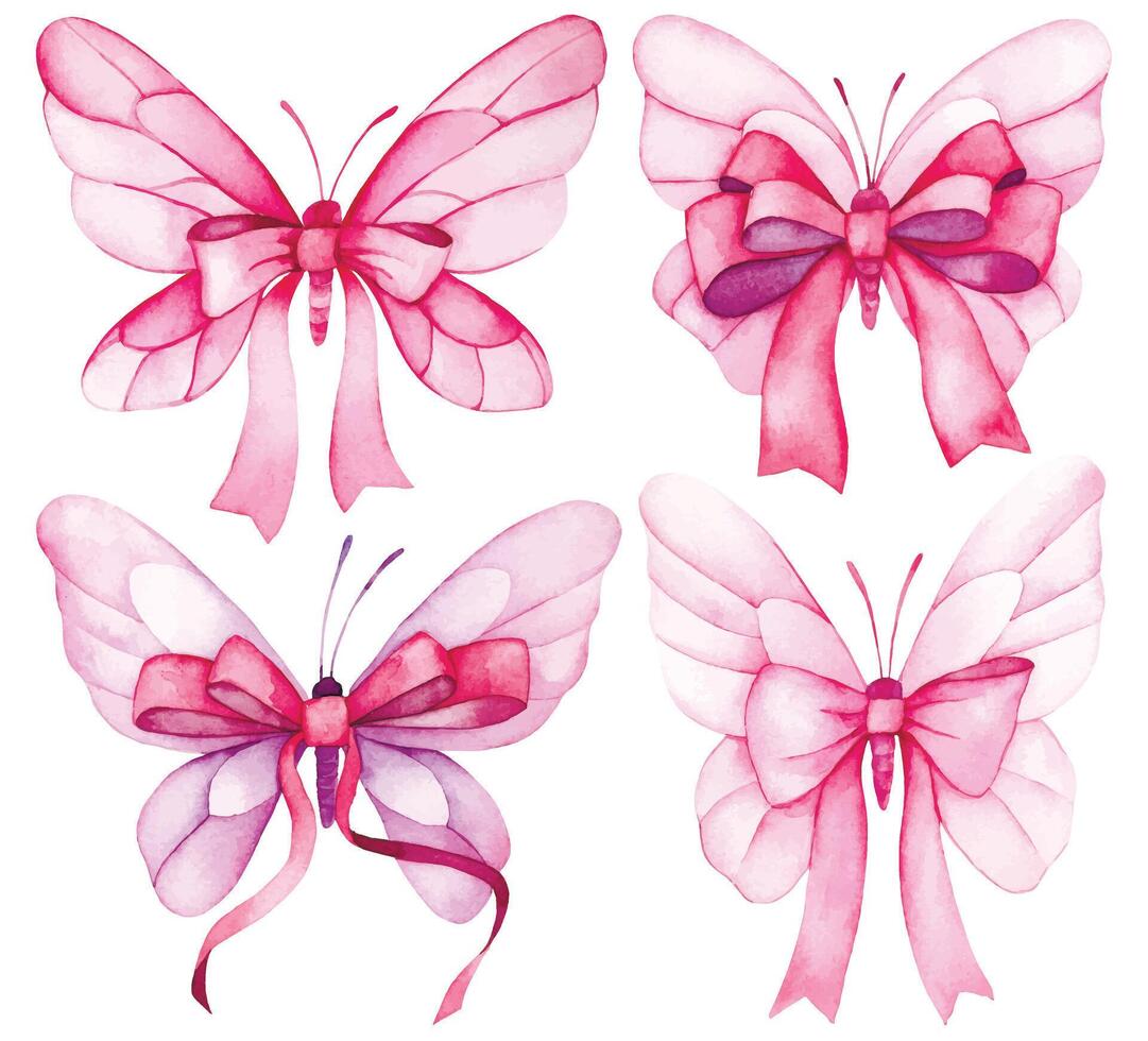 Watercolor drawing, set of butterflies with bows and pink ribbons. symbol of the fight against breast cancer vector