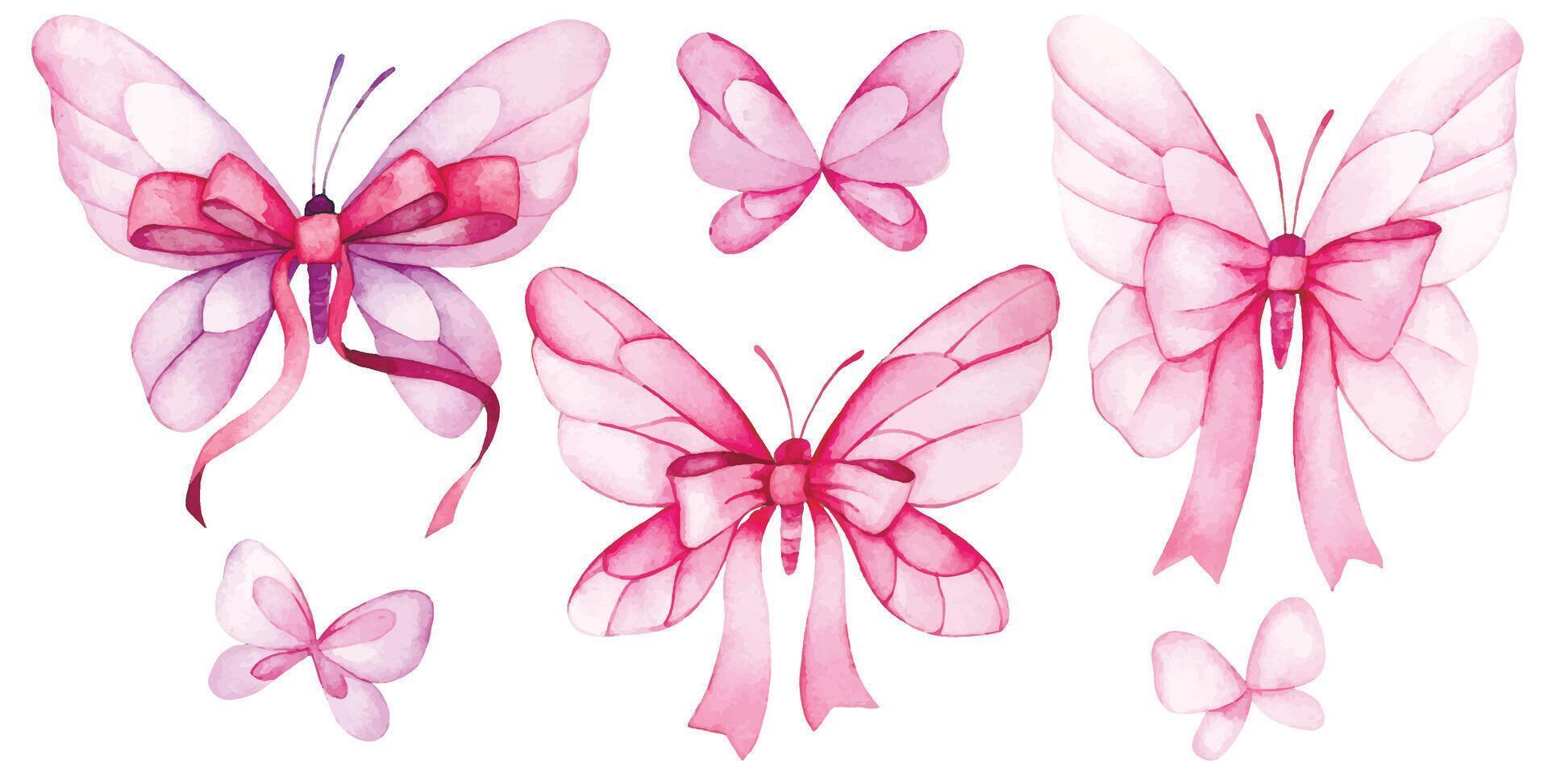Watercolor. Drawing set of butterflies with bows and pink ribbons. symbol of the fight against breast cancer vector