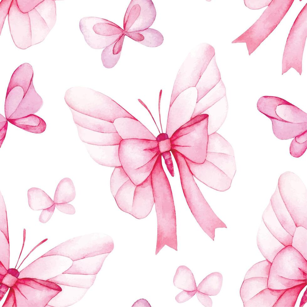 watercolor. seamless pattern with butterflies with pink bows and ribbons. festive print on white background vector