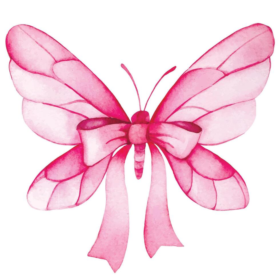 Watercolor. Drawing of a pink butterfly with ribbon and bow. Symbol of the fight against breast cancer vector