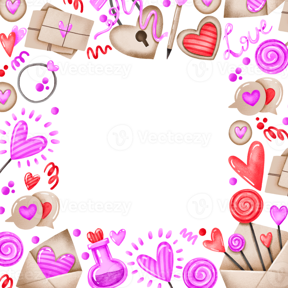 Square border frame for st Valentines day. Love card. Invitation for 14 february. Relationship. Hand drawn cartoon illustration png