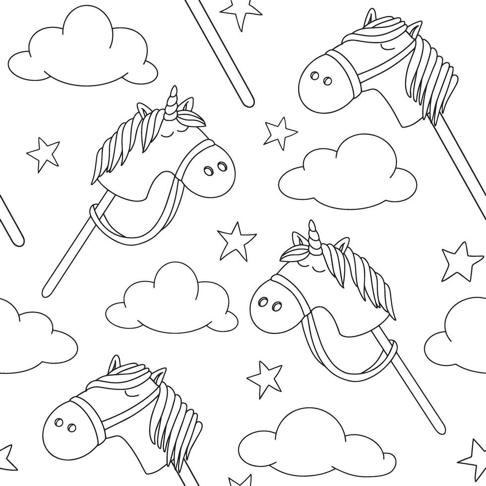 Hobby horsing seamless pattern. Cute print with toy horse. Coloring vector