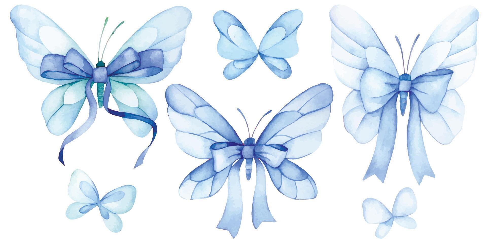 watercolor. drawing set of butterflies with bows and blue ribbon vector