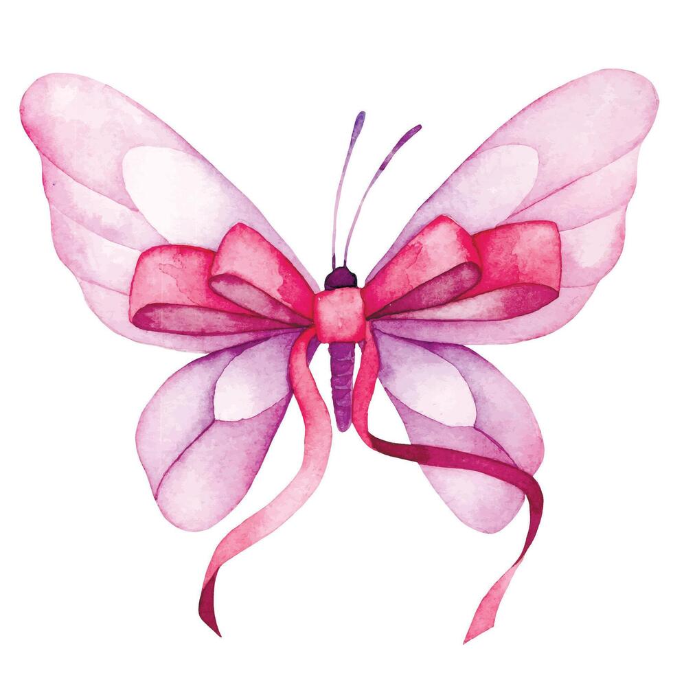 Watercolor. Drawing of a butterfly with bow and pink ribbon. Symbol of the fight against breast cancer vector