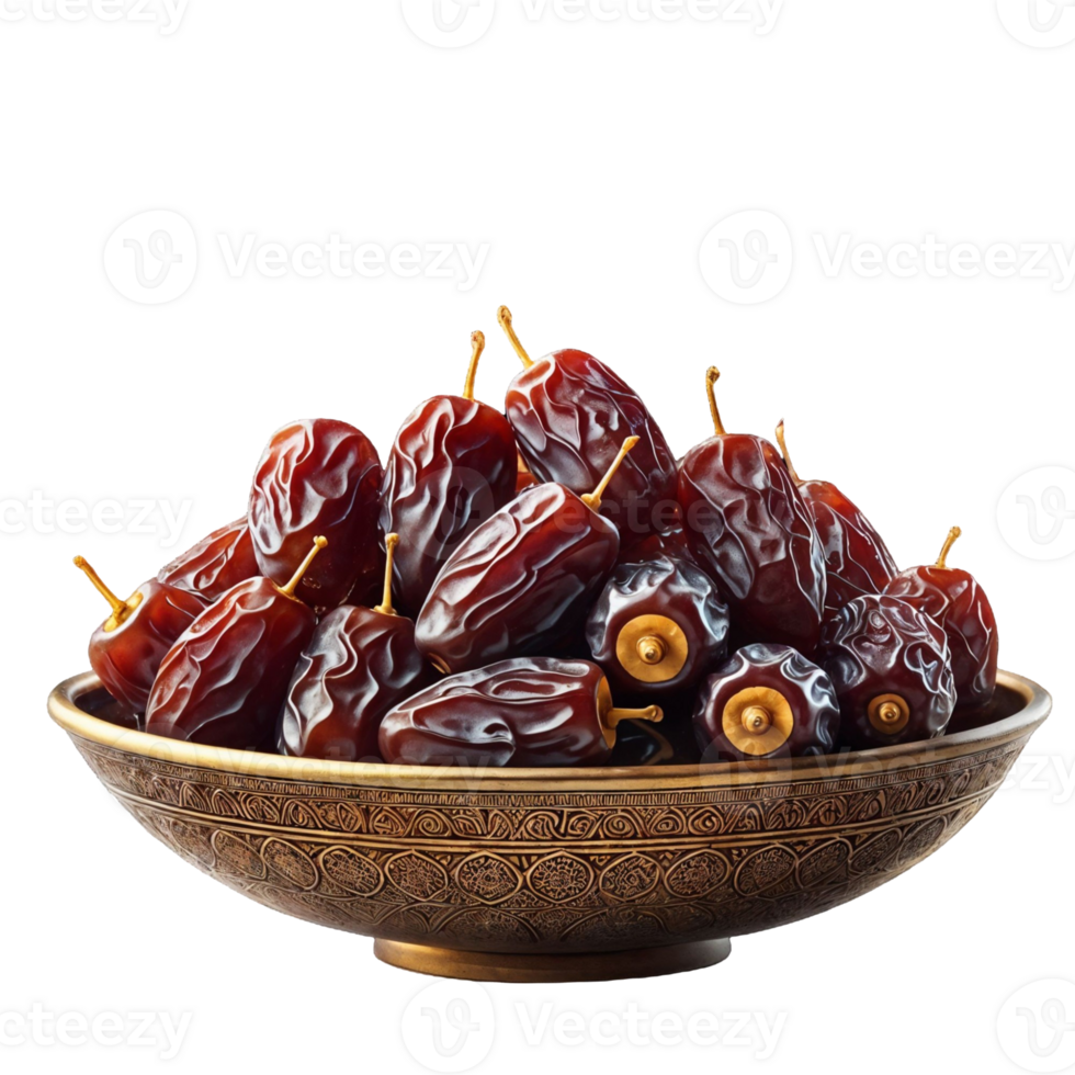 golden bowl filled with delicious dates, a staple for ramadan fasting isolated on transparent background png