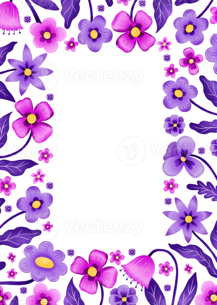 Vertical border frame with purple flowers. Blooming flower heads. Blossom wild flowers. Hand drawn cartoon invitation, card, poster png