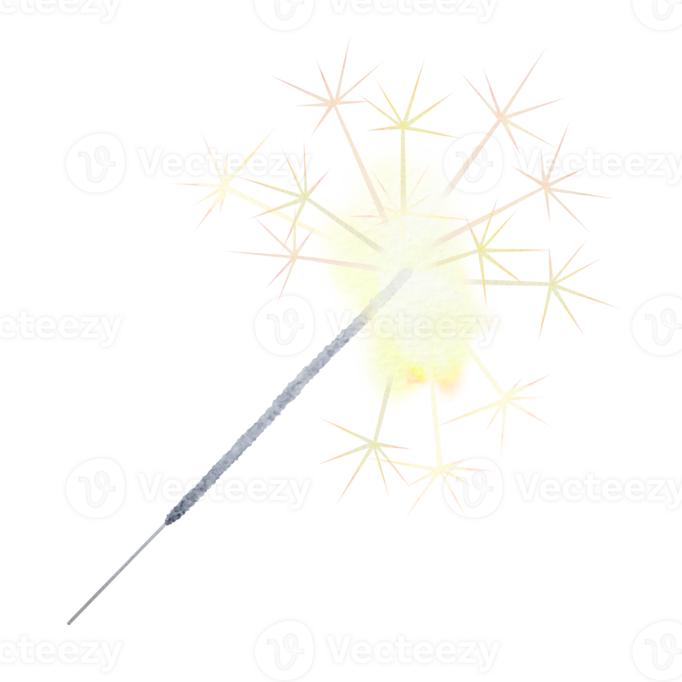 Watercolor hand drawn clipart of a lit sparkler with golden sparkling effects for holiday designs, celebrations, New Year, Christmas, weddings, Valentine's Day, birthdays or holiday themed project png