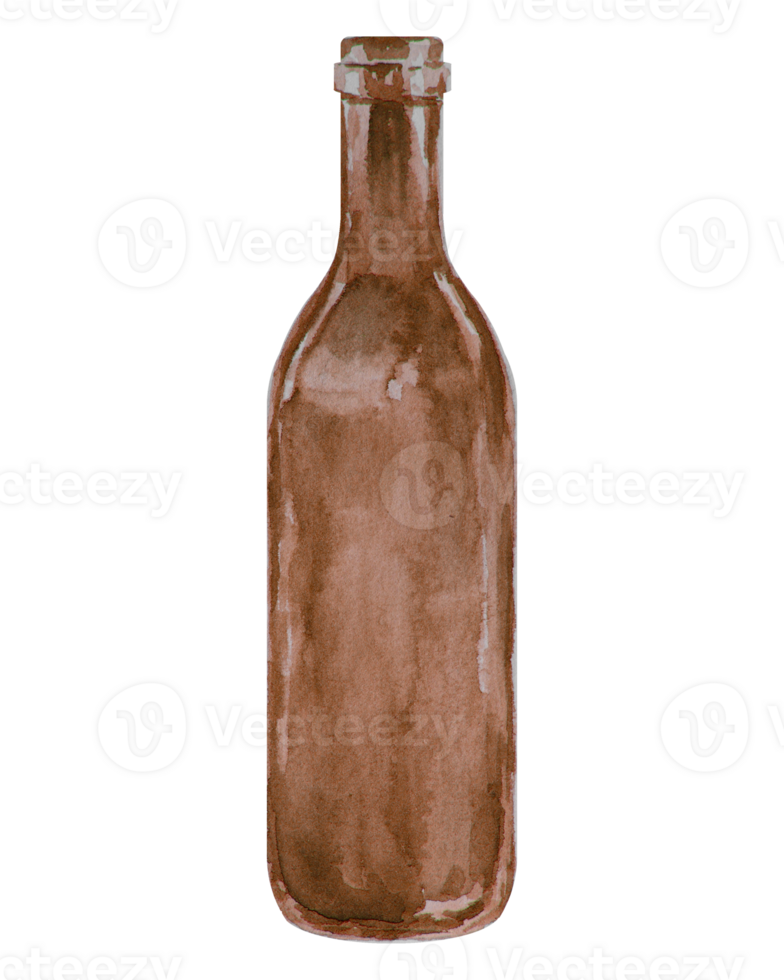 Watercolor illustration of a brown glass beer bottle with a simple design. Isolated, hand drawn clipart with detailed shading and texture for eco themed designs, beverage branding, kitchen decor png