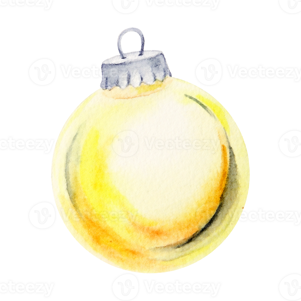 Watercolor hand drawn illustration of a golden Christmas ornament with a metallic cap and a loop for hanging. A festive decoration perfect for Christmas designs, holiday cards, and seasonal projects png