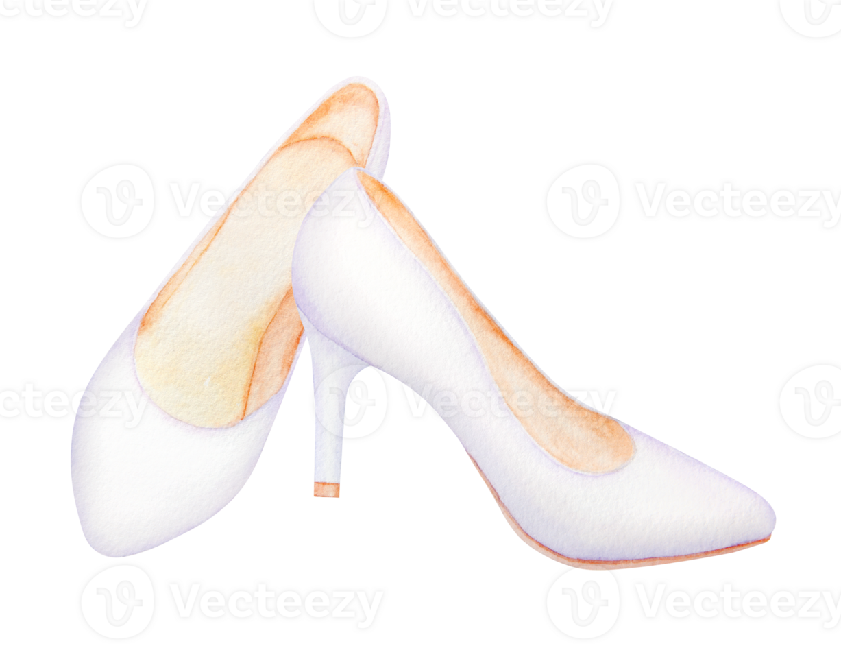 Watercolor illustration of a pair of elegant white high heeled shoes. Perfect for bridal designs, wedding themes, fashion concepts, or feminine artwork. Delicately hand painted with soft pastel tones png