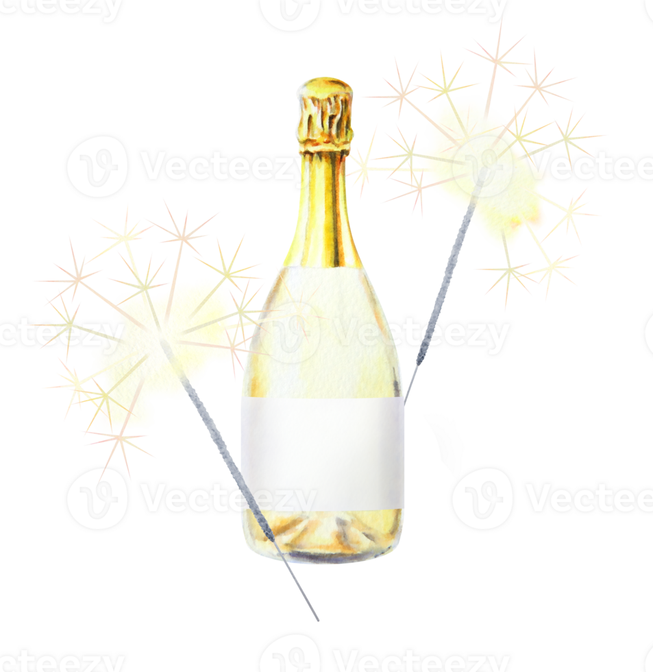 Watercolor hand drawn illustration featuring a champagne bottle with golden foil and two lit sparklers with golden sparkling effects. Perfect for Christmas, holiday, festive and special occasion theme png