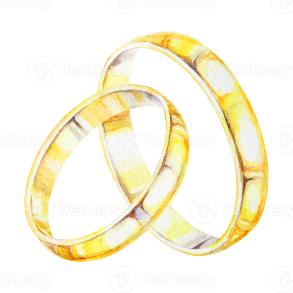 Watercolor illustration of two intertwined golden wedding rings ideal for invitations, romantic projects, and anniversary designs. Symbolizing love, unity and commitment. Hand drawn isolated clipart png