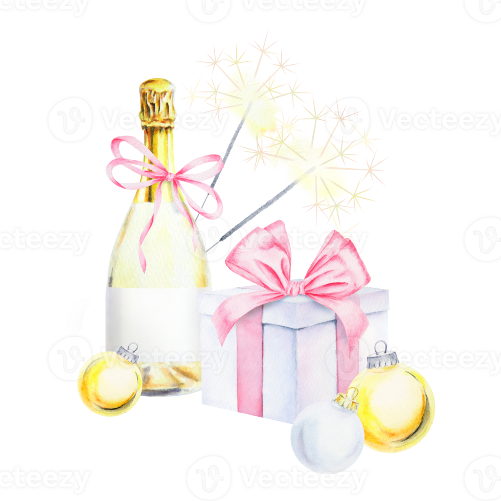 A festive hand draw watercolor illustration featuring a champagne bottle tied with a pink ribbon, a gift box with a bow, sparklers and Christmas ornaments. Perfect for holiday and celebration designs png