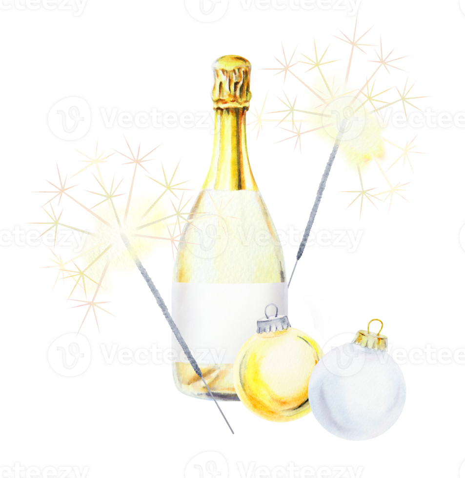 Watercolor hand drawn illustration featuring a champagne bottle with foil, two sparkling sparklers and Christmas ornaments in gold and white. Perfect for holiday, festive and special occasion themes png