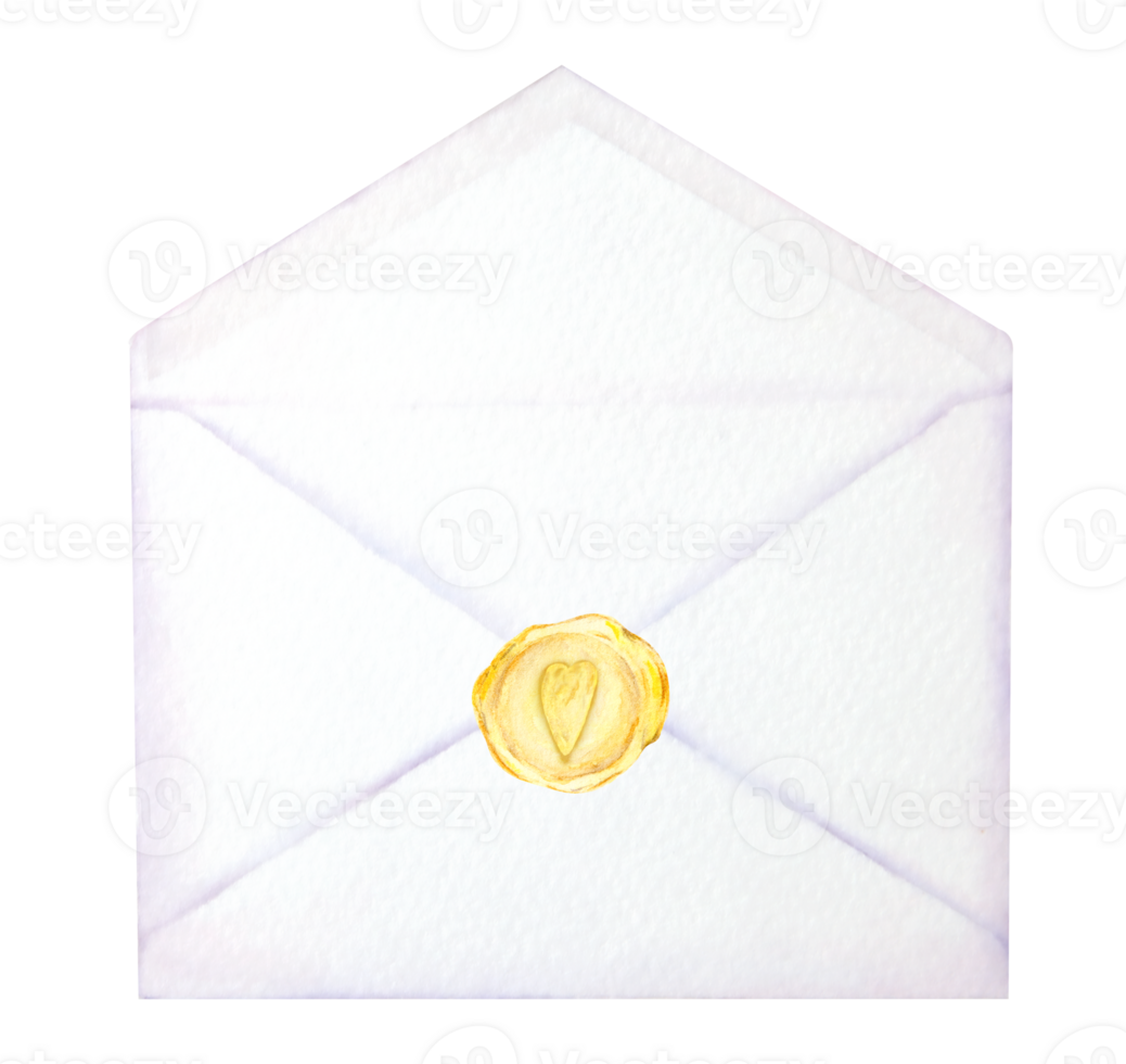 Watercolor illustration of an opened envelope with a gold wax seal featuring a heart symbol. Perfect for wedding invitations, romantic messages, love letters, greeting cards, Valentine's Day designs png