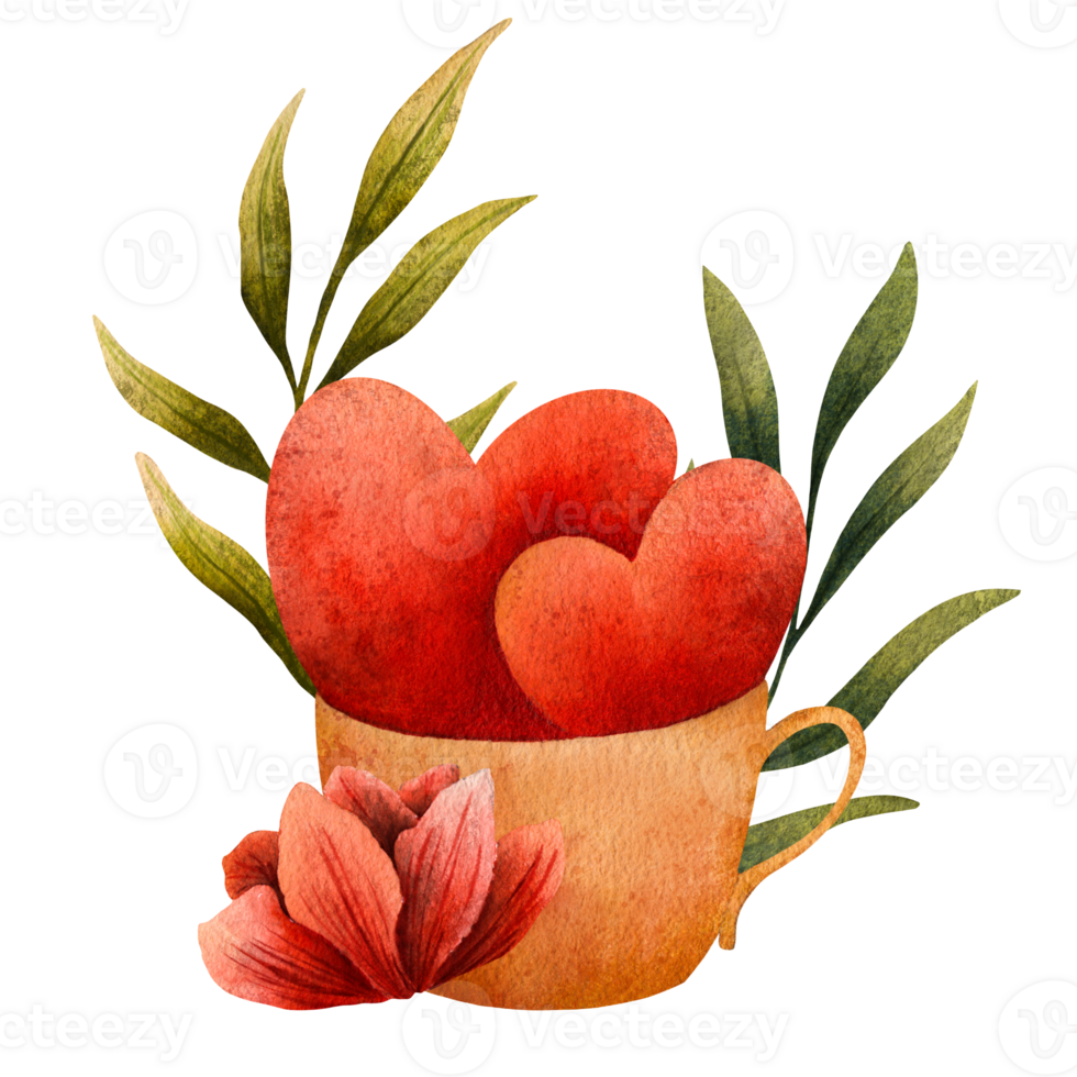 Watercolor Valentines Day illustration of a beige cup filled with red hearts, surrounded by green leaves and a pink flower. Romantic and elegant design with warm, natural colors and soft textures png