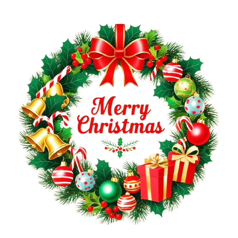 christmas wreath with bells and decorations on a transparent background png