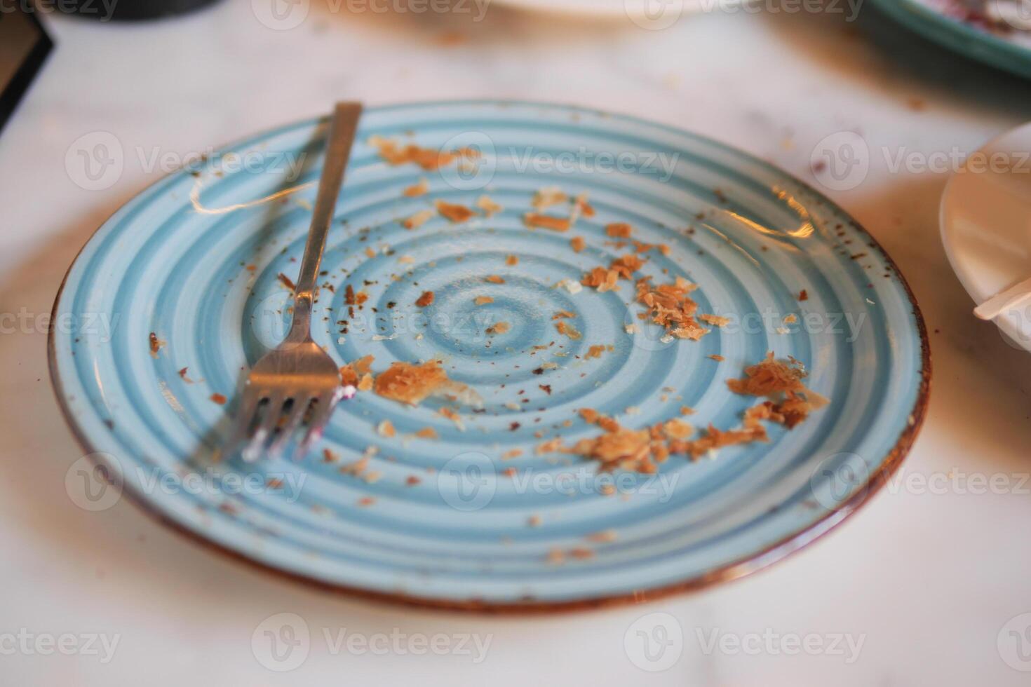 An Empty Spiral Plate with a Fork Resting on it After a Satisfying Meal photo