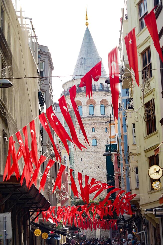 turkey istanbul 27 november 2024, A Vibrant Colorful Street Featuring Galata Tower in the Scenic Background photo