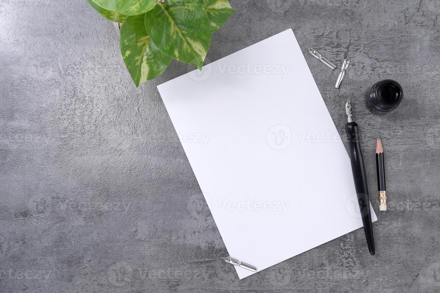 Blank paper with dip pen on stone texture background. Writer workplace concept. photo