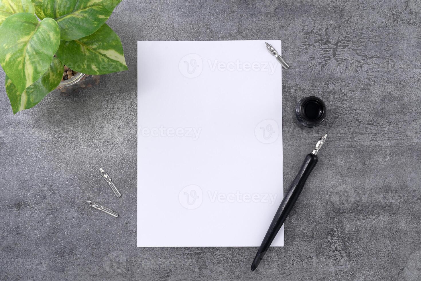 Blank paper with dip pen on stone texture background. photo