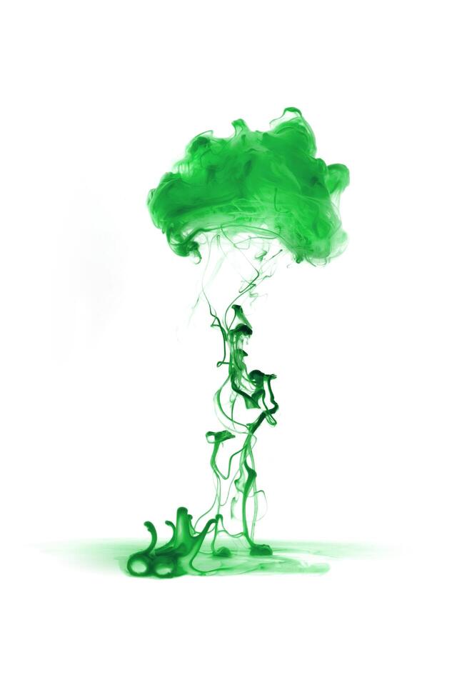 Green ink dropped in to water isolated white background. Abstract color dissolving in water photo