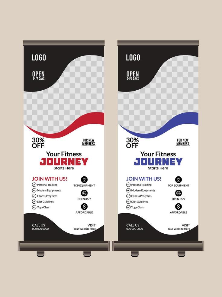 Creative Gym Roll-Up Banner Template with Bold Fitness Theme vector