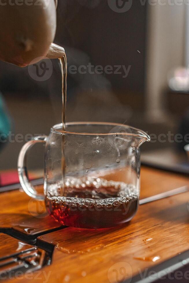 Brewing the Perfect and Delicious Cup of Tea in a Beautiful Glass Jug for Enjoyment photo