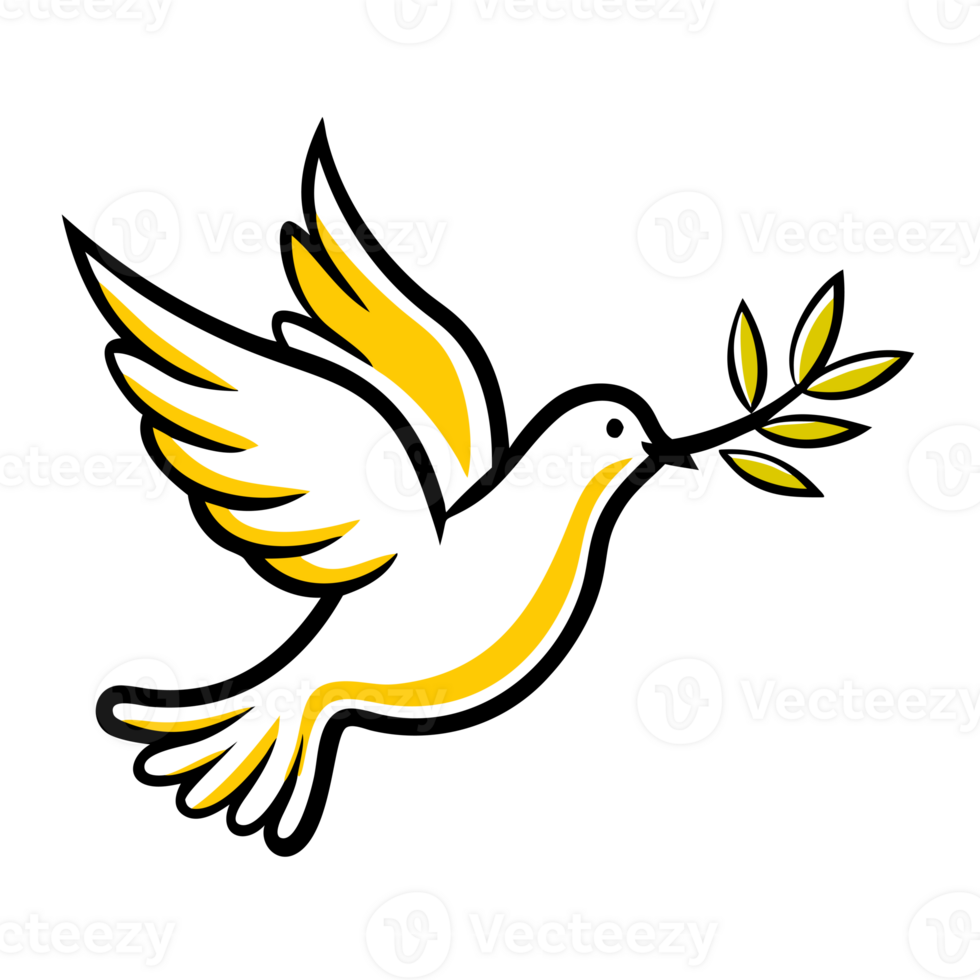 A white dove with yellow accents carries an olive branch in its beak, symbolizing peace. cutouts png