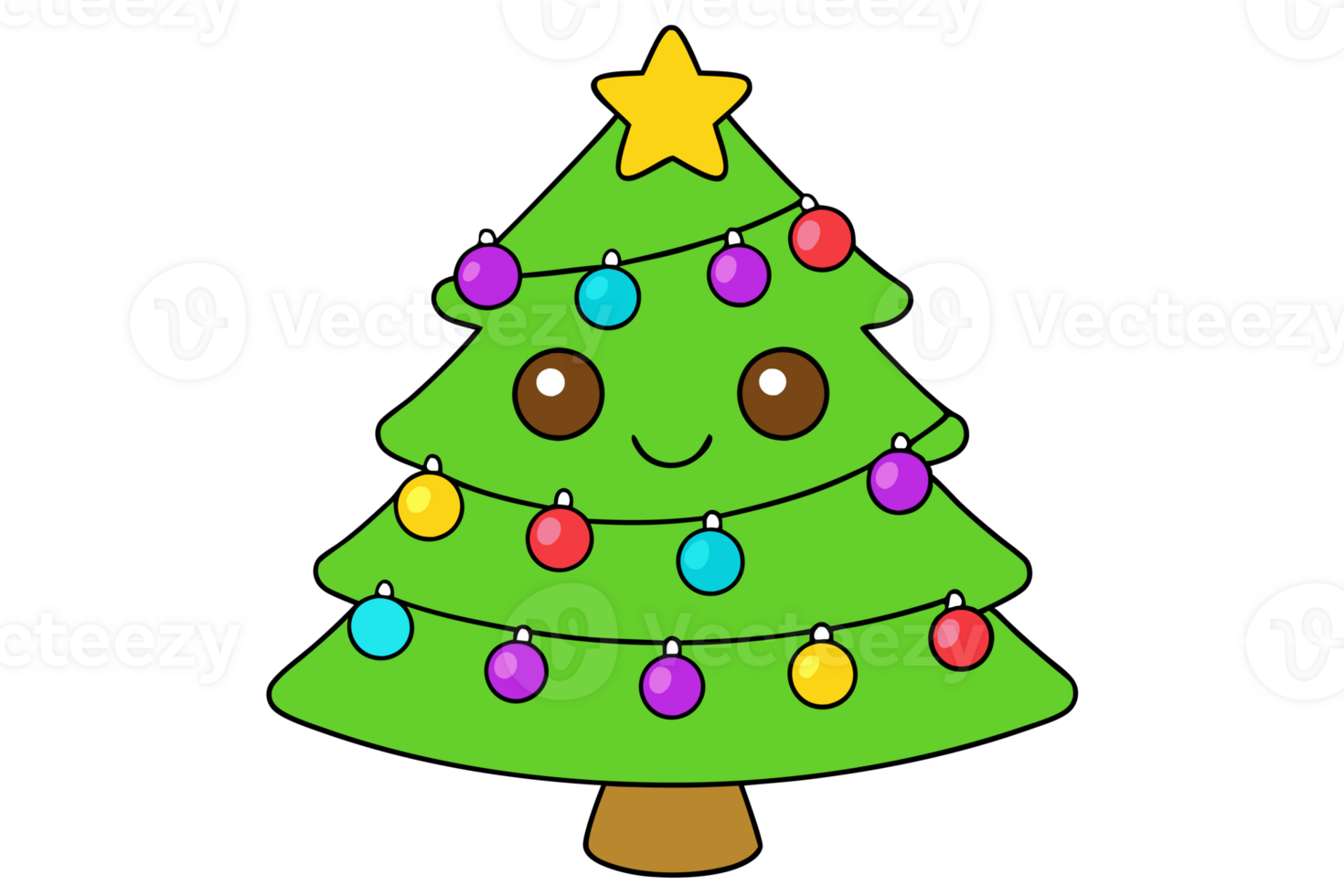 Christmas tree is decorated with colorful baubles and has a smiling face cutouts png