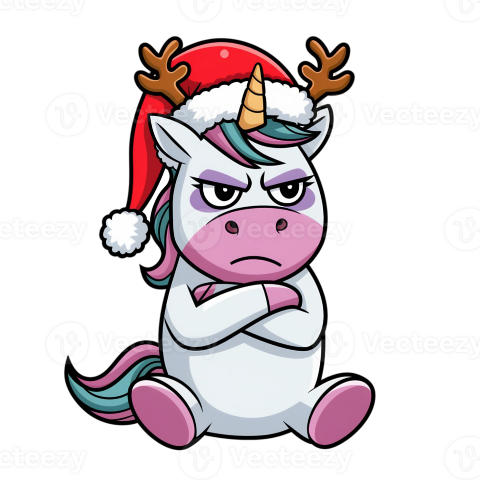 A grumpy unicorn wears a Santa hat cutouts png