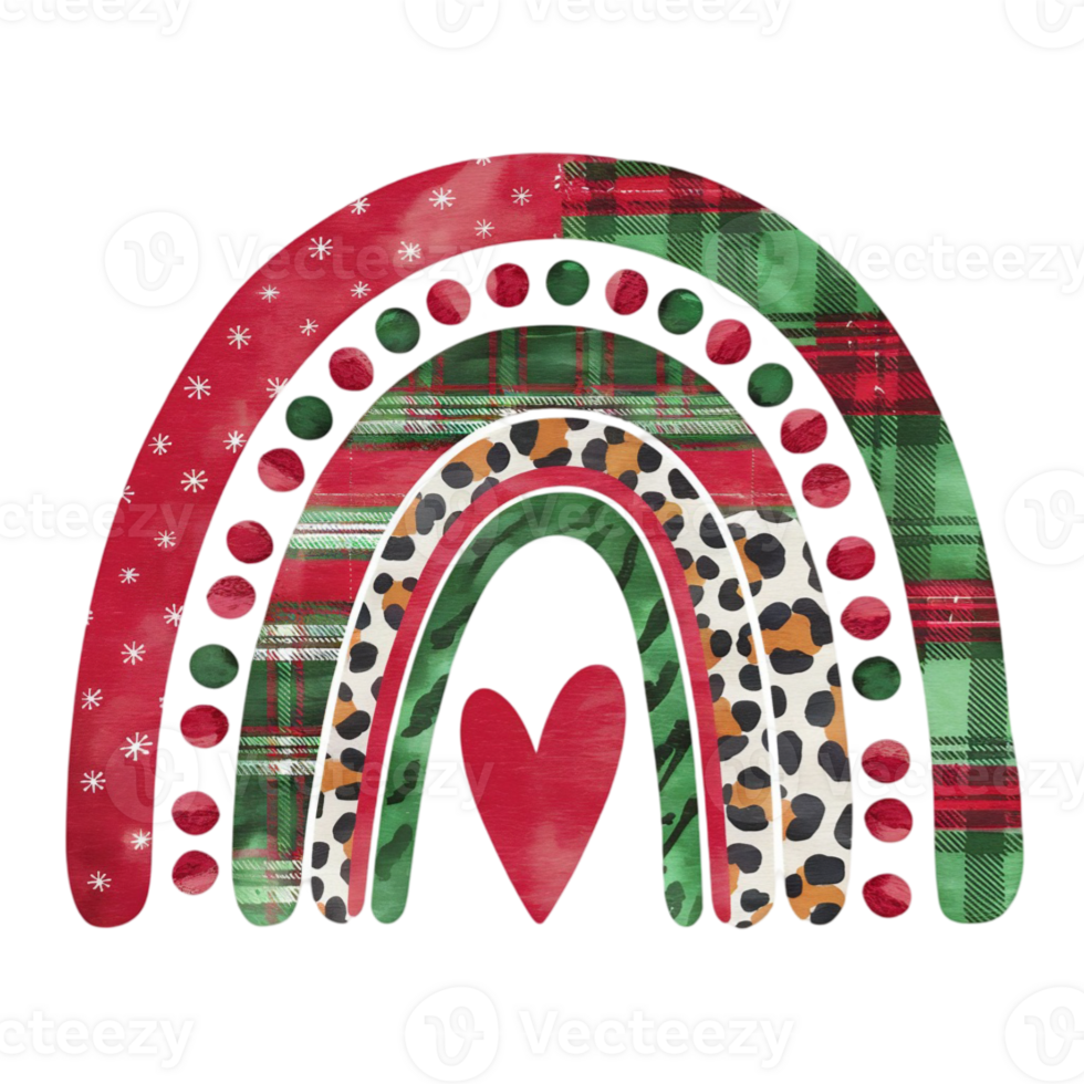 A christmas rainbow features a mix of red, green, and leopard print arcs, accented with polka dots and a central red heart. cutouts png