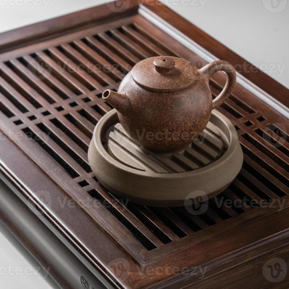 An exquisite Traditional Teapot beautifully placed on a Wooden Tea Tray, perfect for tea lovers photo