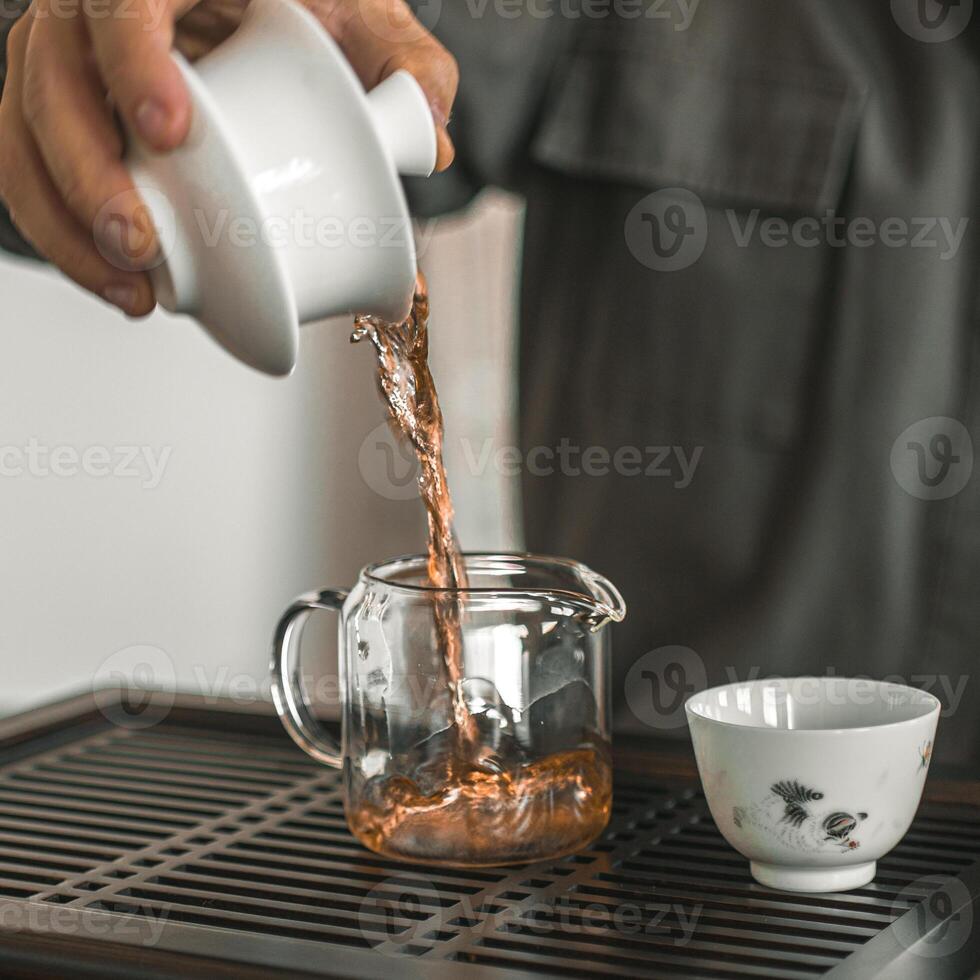Artisan Tea Pouring in Beautiful Ceramic Cups, Emphasizing Aesthetic Pleasures and Artistry photo