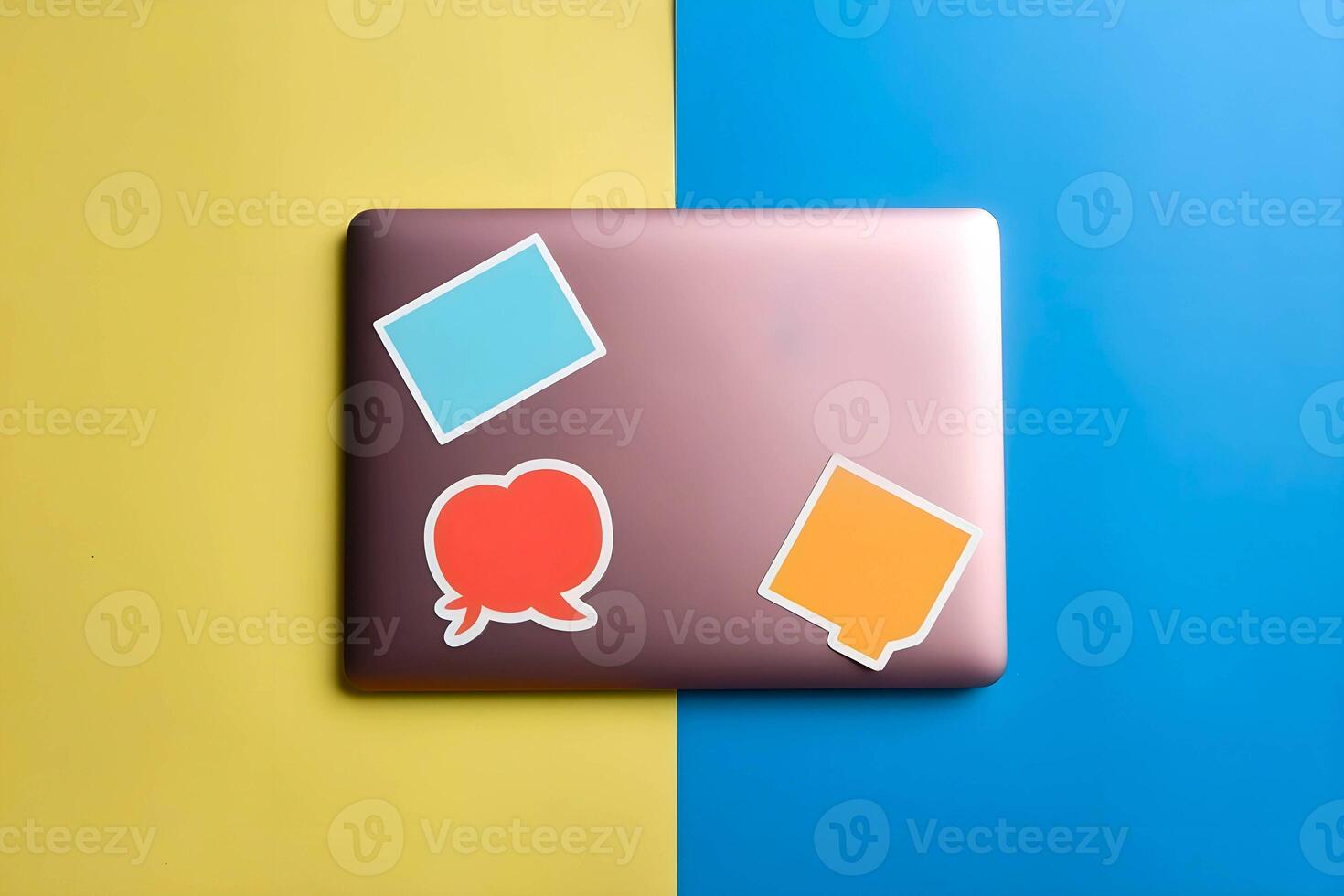 A closed laptop showing its cover is placed on a solid plain background and few blank sticker mockups are attached photo