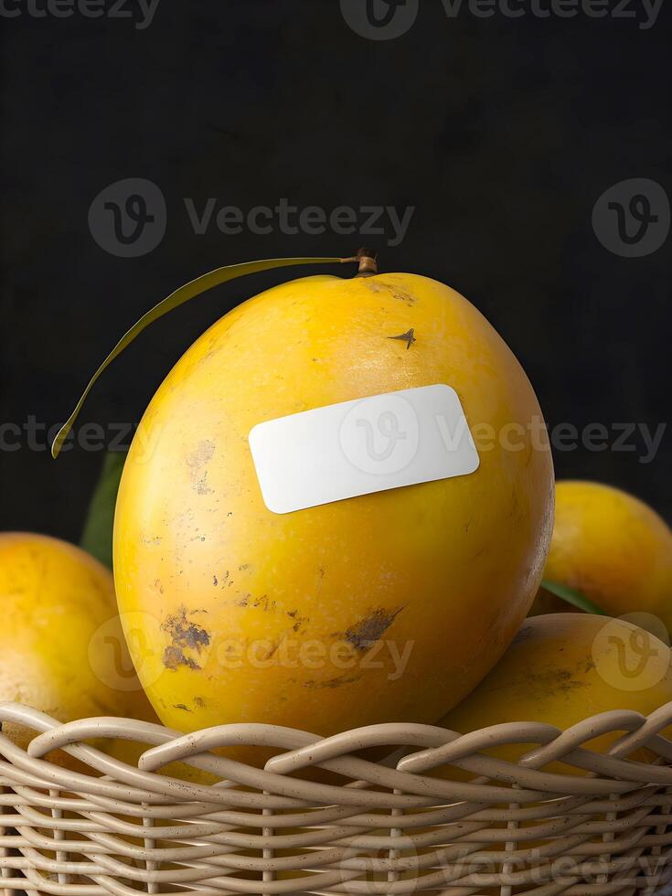 A blank white sticker mockup is attached to a yellow ripe mango kept in a basket photo