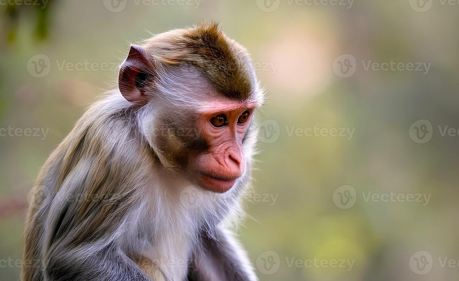 A monkey is sitting and looking down in a jungle photo