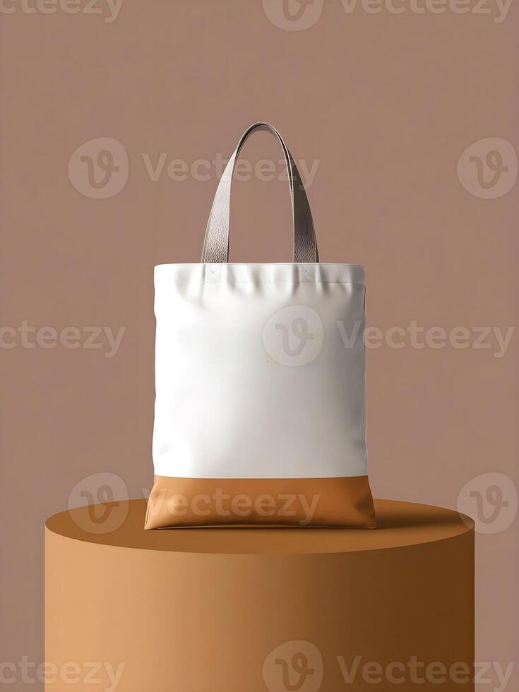 A tote bag mockup is presented on a podium studio backdrop photo