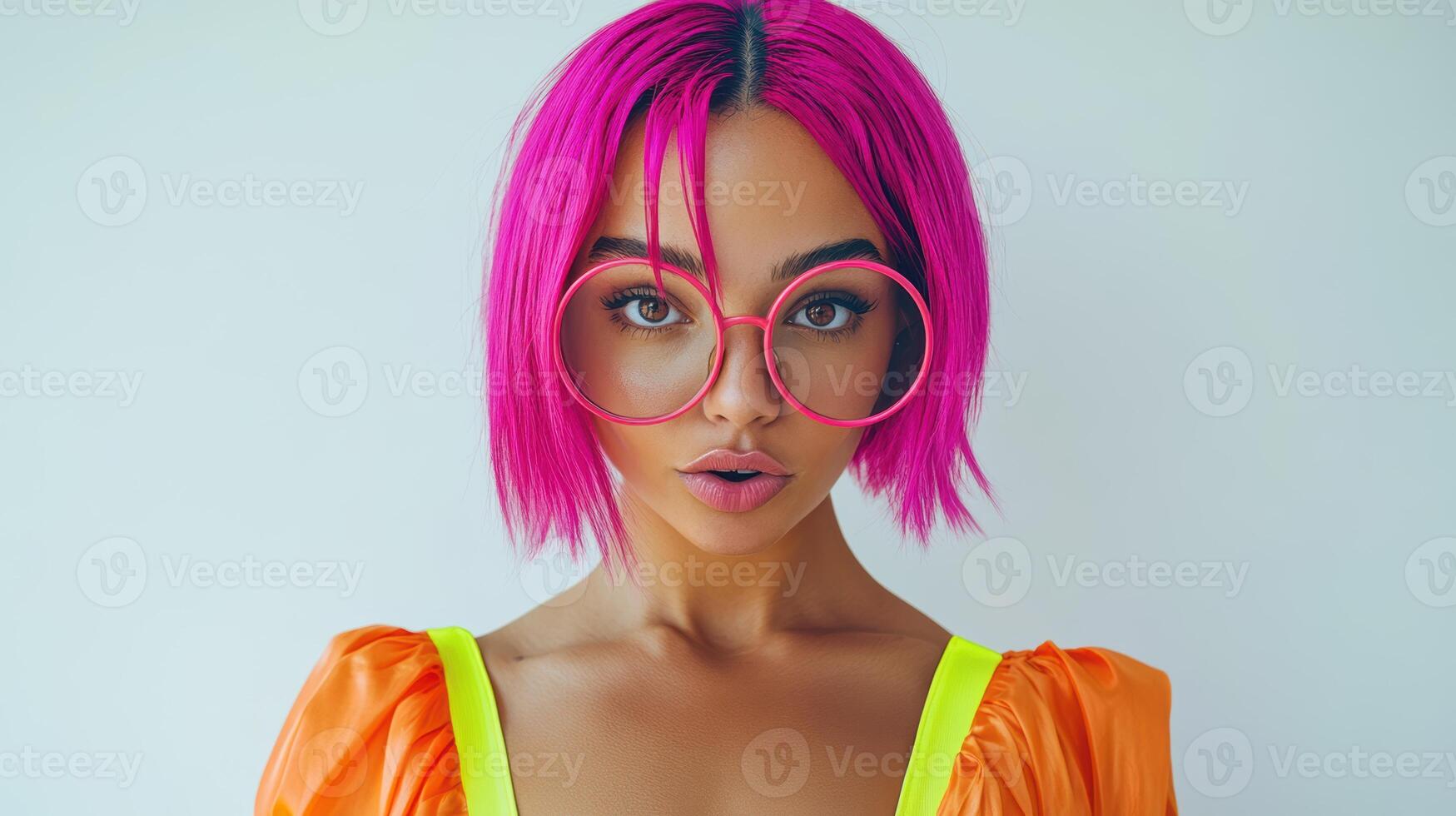A playful and bold woman with bright pink hair, oversized round glasses photo