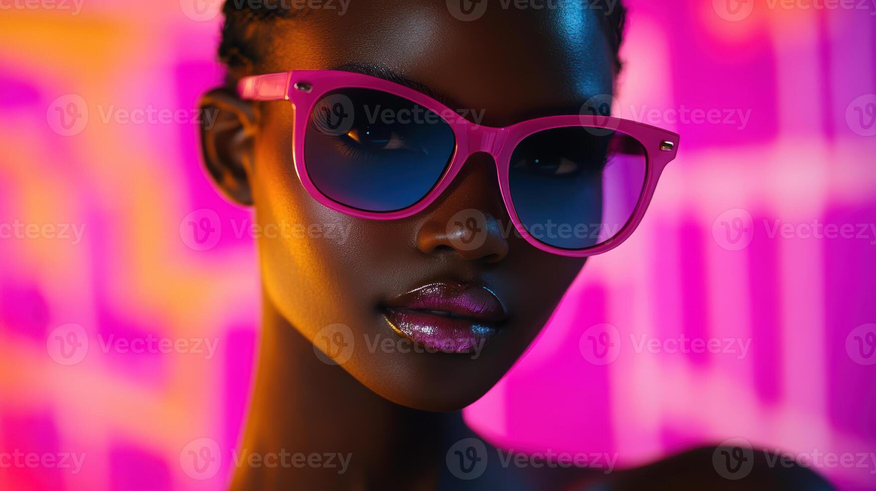 A dark-skinned woman with pink sunglasses stands confidently in front of a vibrant neon backdrop photo
