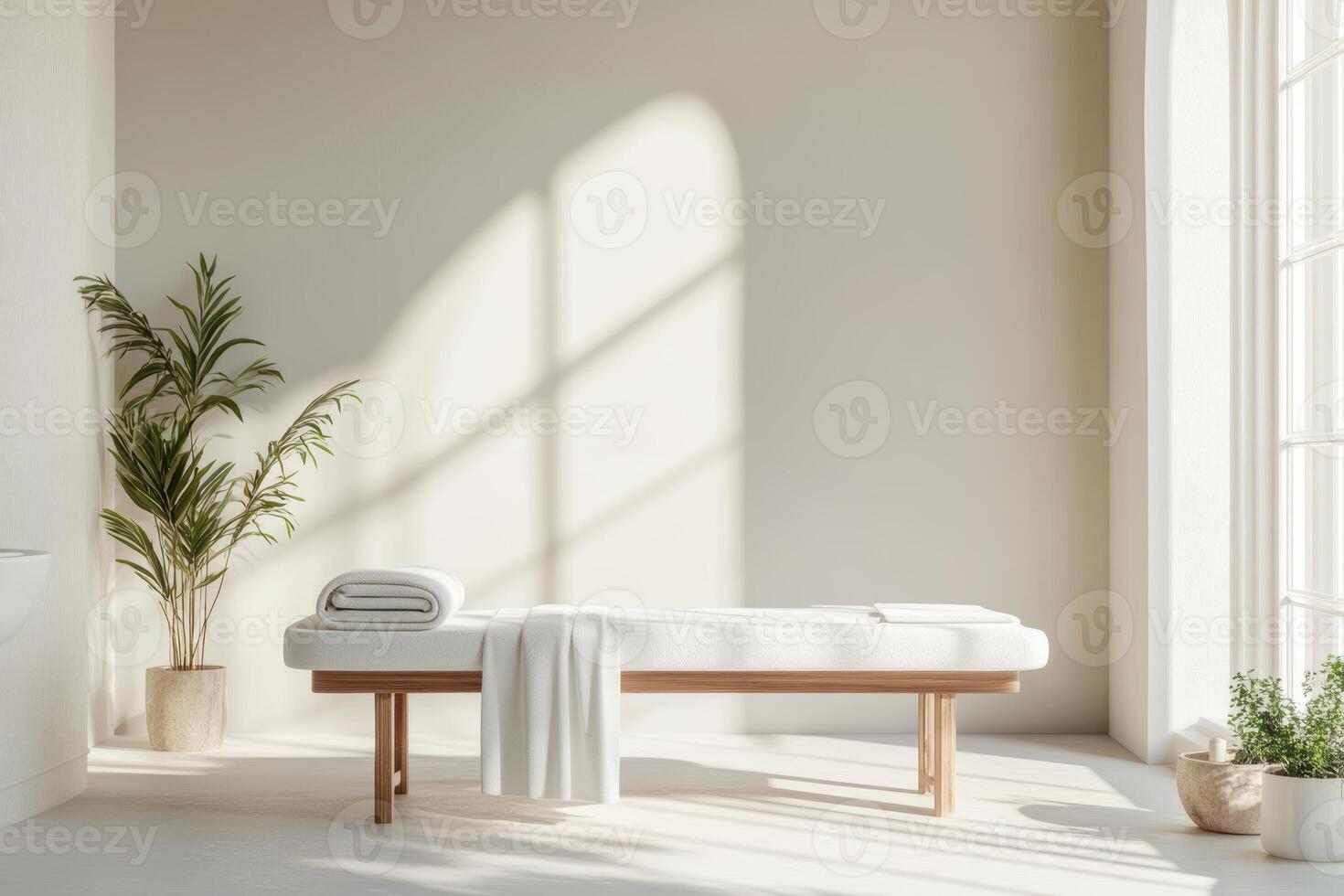 A serene massage room featuring a single table, white towels, and warm lighting photo