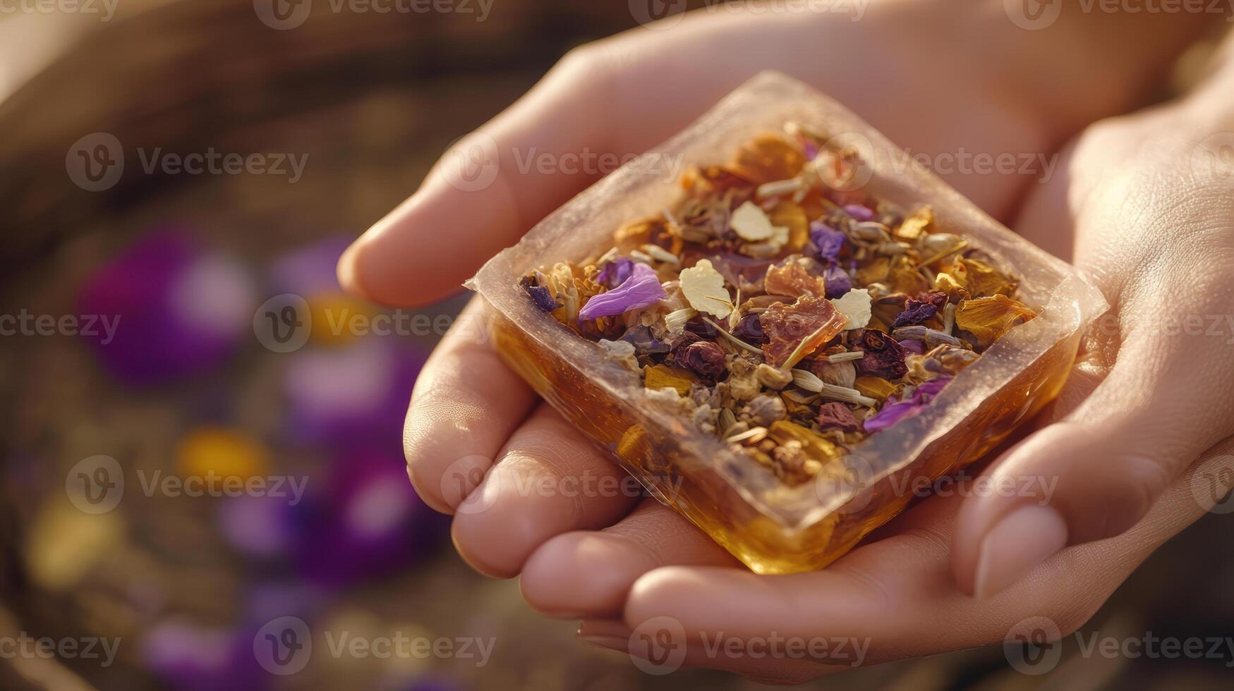 A warm herbal compress held in hands, highlighted by a calm, neutral backdrop photo