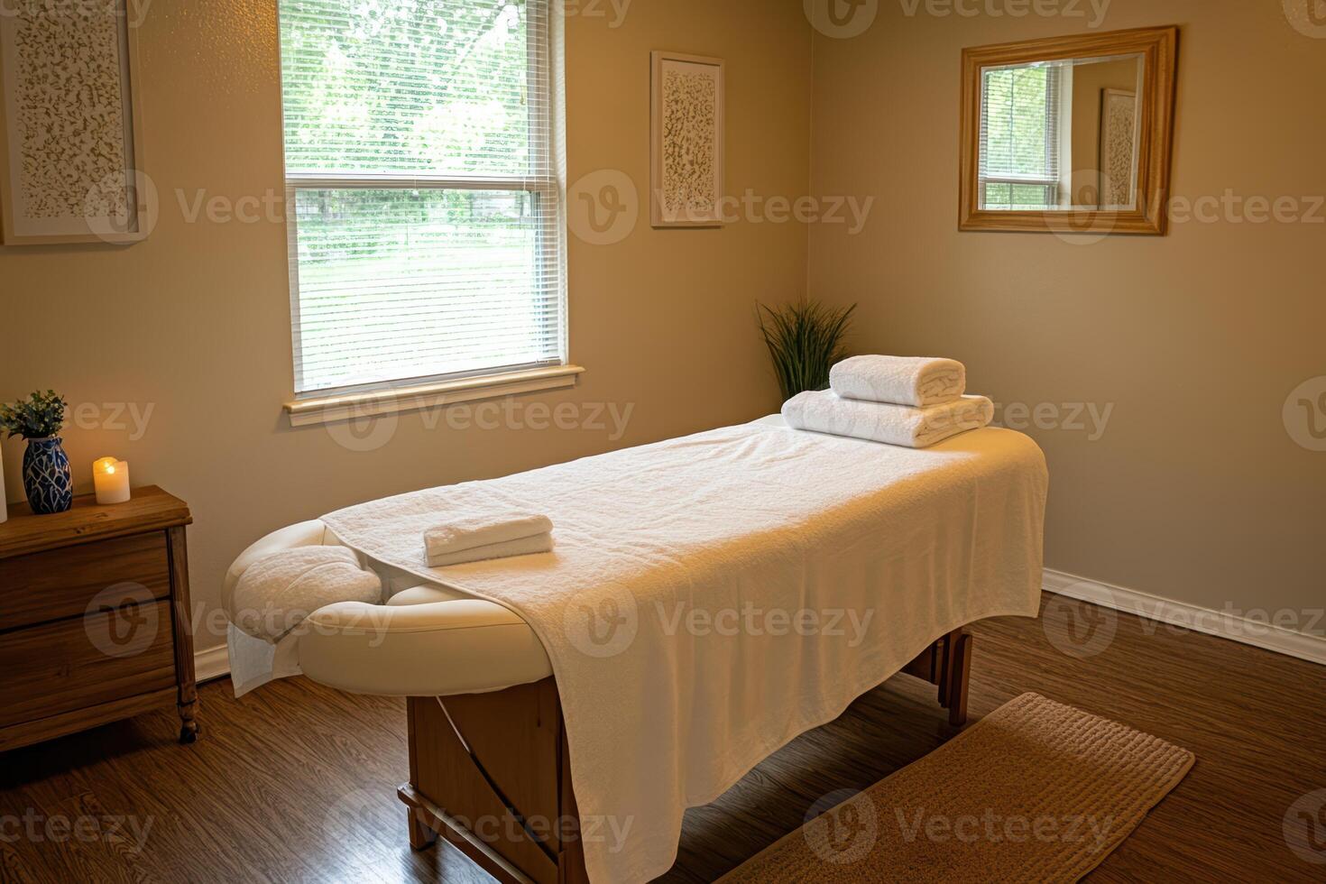 A clean, neutral-toned room with a single massage table, soft white towels, and warm lighting photo