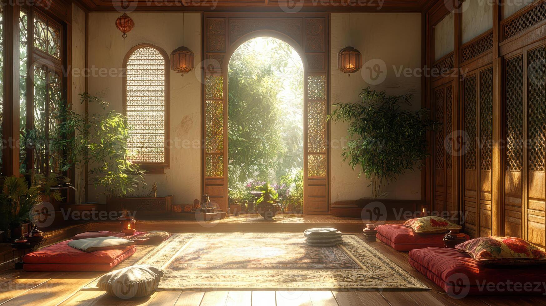 A peaceful room featuring natural wood tones, soft textures, and low lighting photo